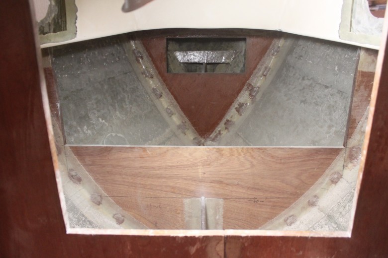 This image shows the v-berth and forward chain locker.  This area is compartmentalized from the rest of the boat and can be sealed off via PVC drains in the sump tank.