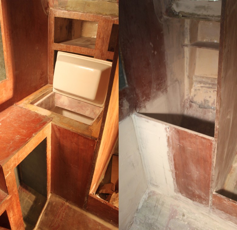 The icebox has been demolished and will be replaced with a hanging locker and a portable, 12v icebox.  The image on the left shows the old icebox; on the right shows the area demolished and ready for it's new hanging locker design. 