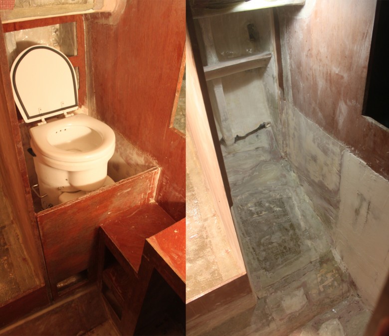 The old head area is on the left and it was never too comfortable.  The image on the right shows the area opened up, a sole will be installed that allows the head to sit lower in the boat and more amidship. This area will all drain into the sump, then bilge.