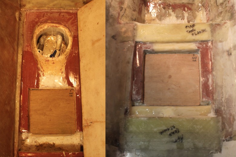 The image on the left shows the access hatches to the old sump tank and bilge tank.  Image on the right shows the sump tank demolished, and the access hatch to the bilge tank being installed.