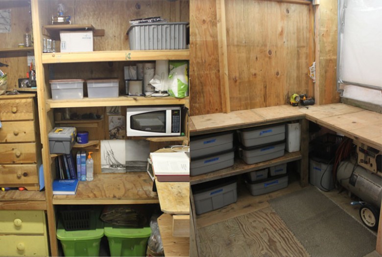 Varnish room with extra wide bench and room for larger air compressor.